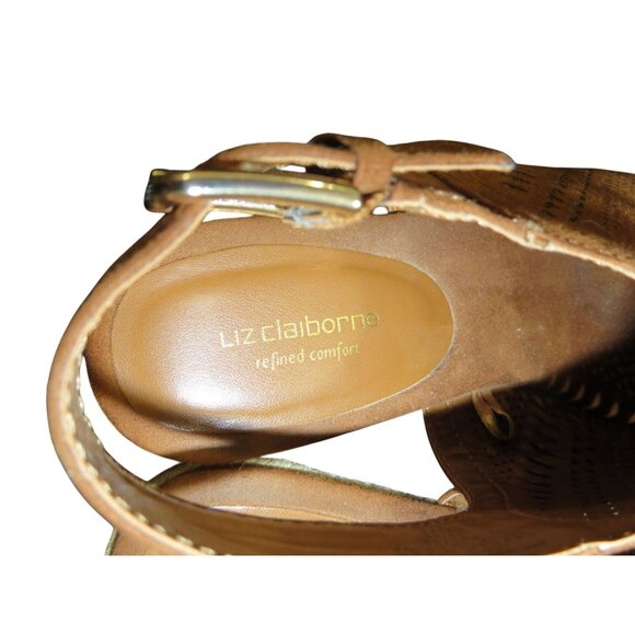 Liz Claiborne Brown Espadrille Leather Lazer Cut Platform Comfort Wedge Sandal 8 - Picture 4 of 11